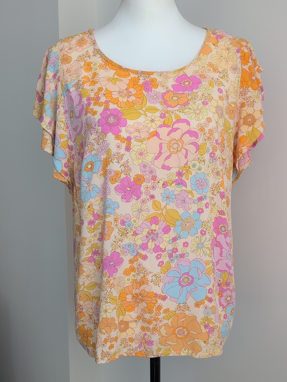 Cynthia Rowley Retro Floral Peasant Flutter Sleeve Scoop-Neck Blouse Top LARGE